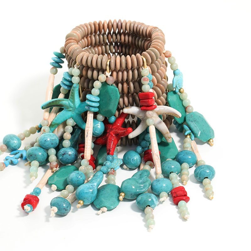 Boho Starfish Shell Beaded Cuff Bracelet Nautical Ocean Beach Statement Jewelry