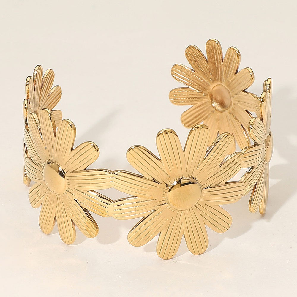 2-Piece Gold and Silver Stainless Steel Floral Cutout Cuff Bracelet Set