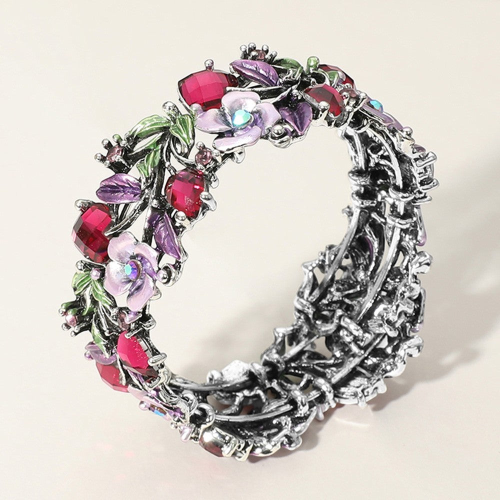 Set of 2 Wide Floral Enamel Rhinestone Hinged Bangle Bracelet Red Purple