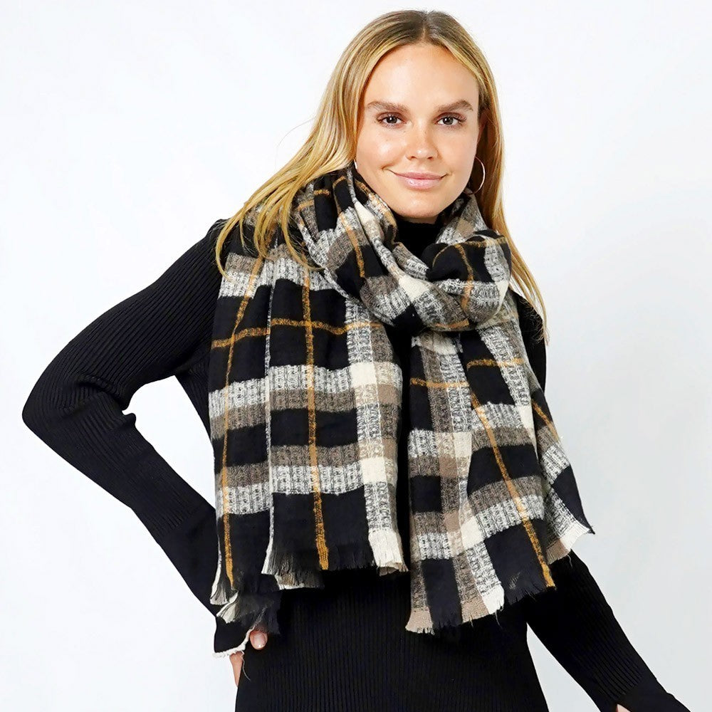 Plaid Lurex Oblong Scarf / Shawl for Women Checkered Grids 100% Polyester Black