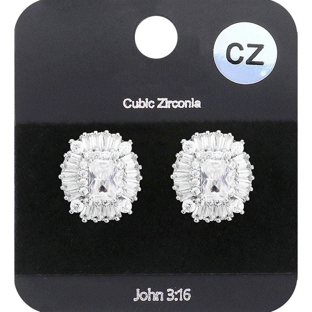 Women's CZ Cubic Zirconia Emerald Cut Centered Evening Stud Earrings Silver Tone