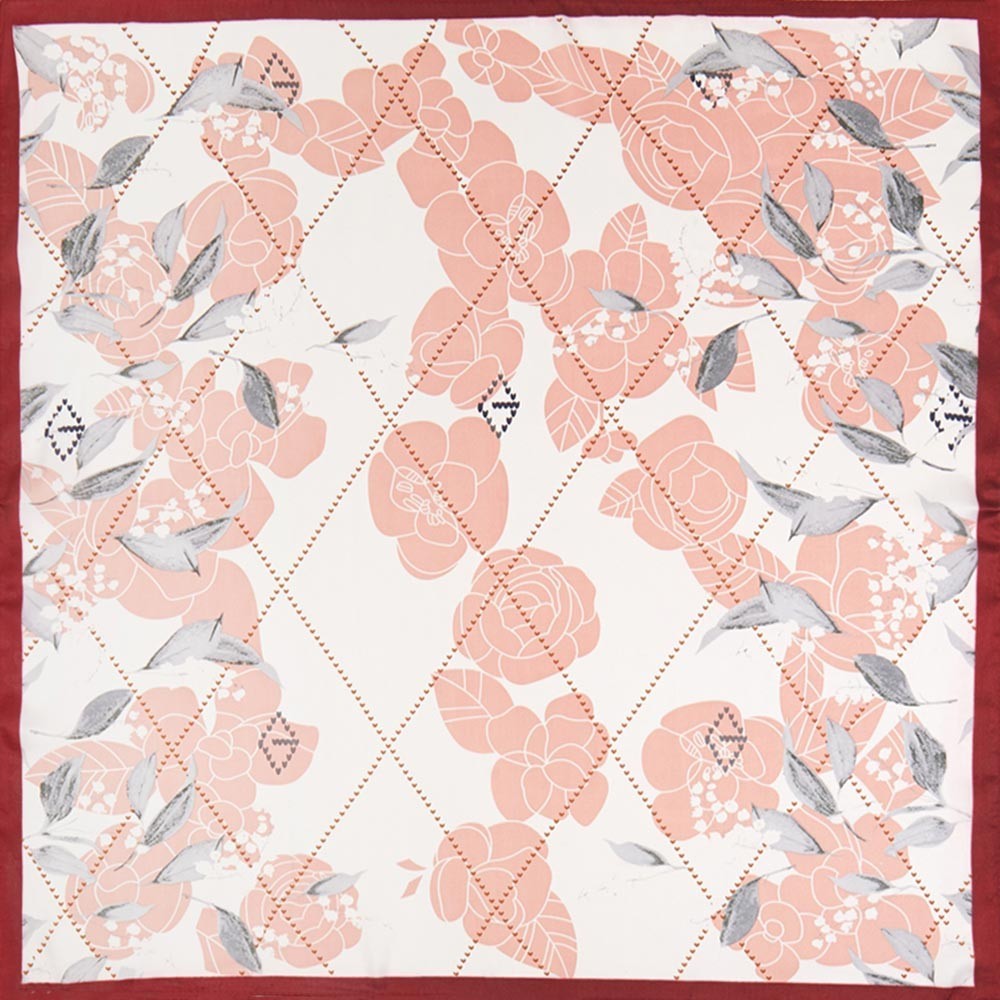 Floral Geometric Pattern Printed Square Silky Satin Bandana Scarf for Women Red