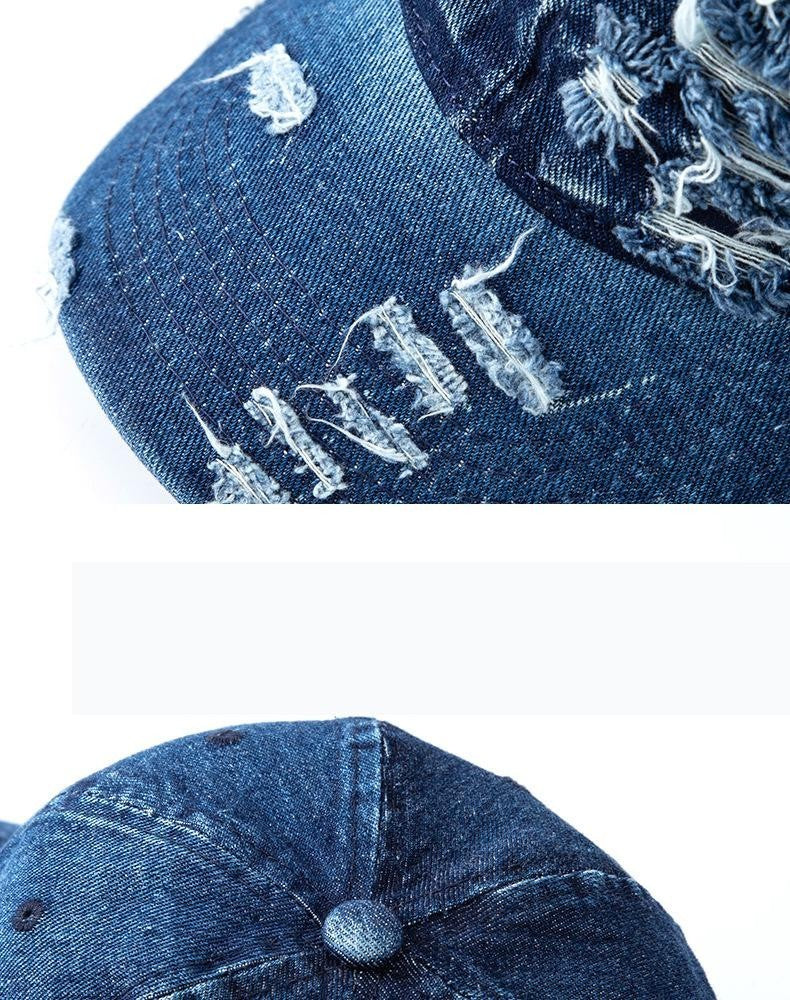 Distressed Ripped Denim Baseball Cap Deep Blue Dad Hat Adjustable Unisex