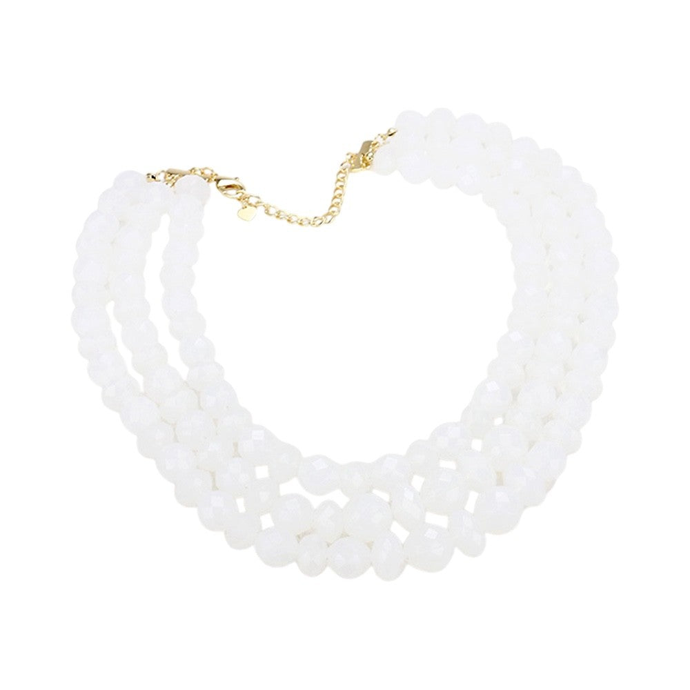 White Chunky Beaded Multi Strand Necklace and Dangle Earring Set