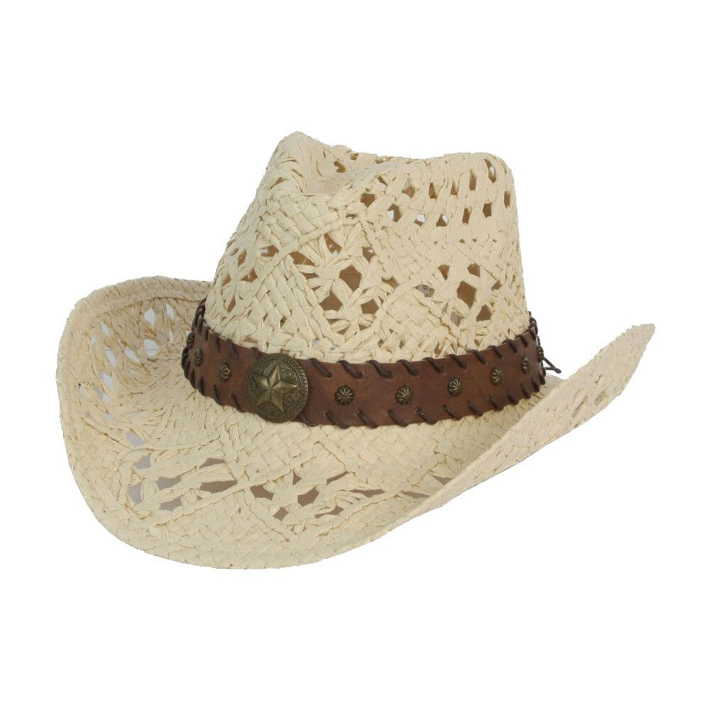 Women’s Open Weave Panama Straw Cowboy Hat with Star Faux Leather Band