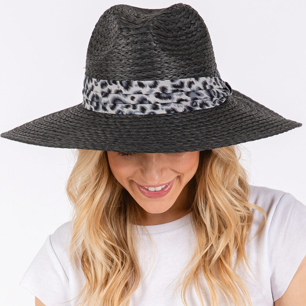 Leopard Band Straw Sun Hat for Women Wide Brim Summer Beach Travel Hat Black