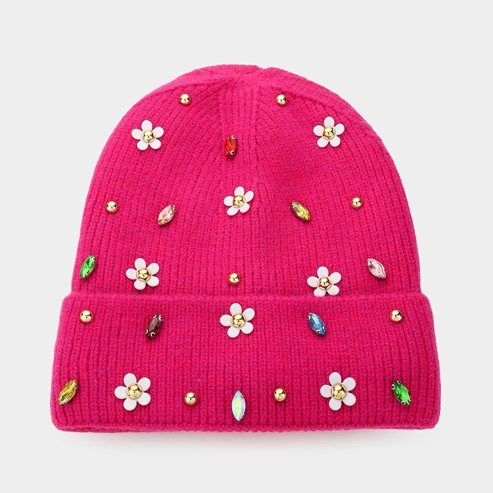 2pcs Pink Knit Beanie Hat with Floral Appliqués and Multicolor Jewel Accents