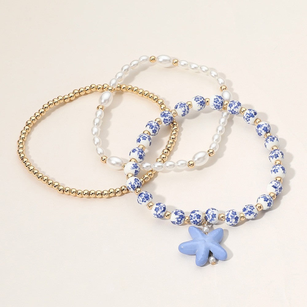 3 Piece Stretch Bracelet Set Starfish Charm Pearl Ceramic Beaded Beach Jewelry