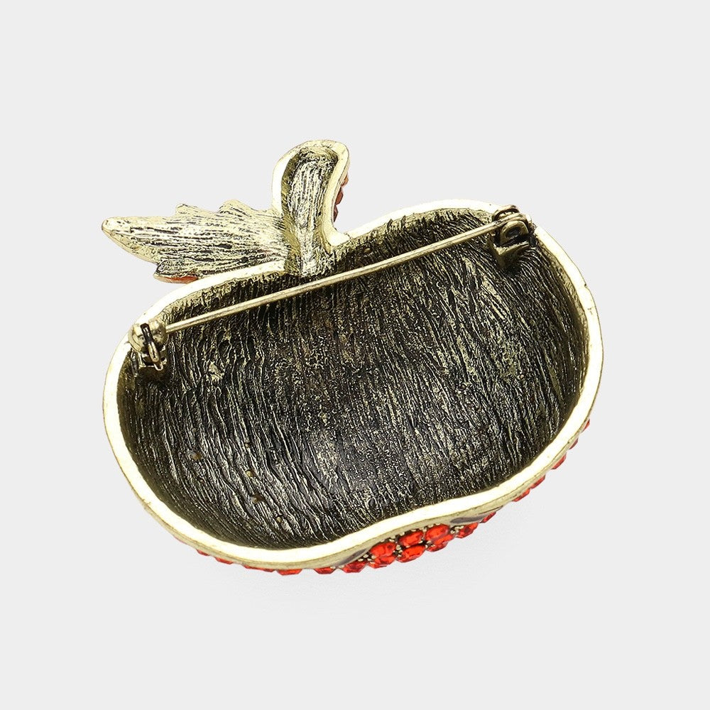 Gold Tone Orange Rhinestone Jack O Lantern Pumpkin Brooch Halloween Jewelry