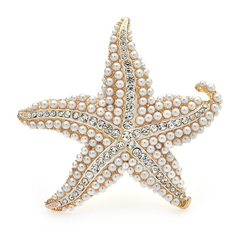 Gold Tone Starfish Brooch Pin Faux Pearl Rhinestone Coastal Nautical Jewelry