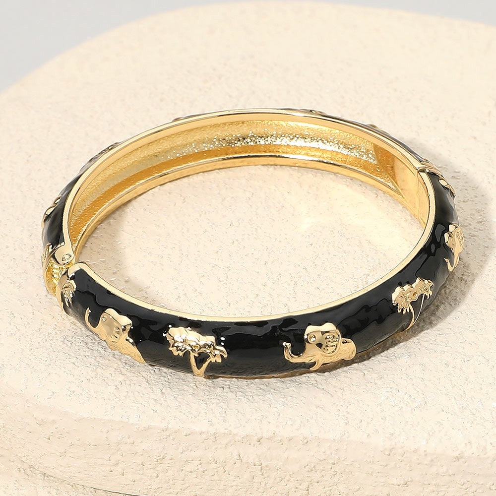 2pc Gold Elephant Embossed Metal Slim Stacking Bangle Bracelet Jewelry Set