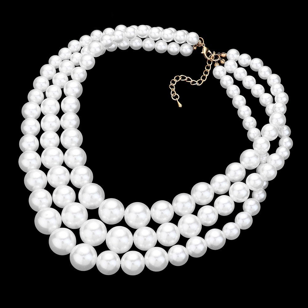 3-Strand White Faux Pearl Statement Necklace & Earring Set Graduated Bib 18-21"