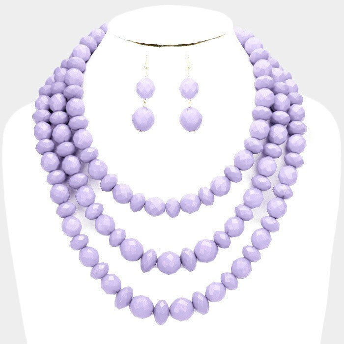 Triple Strand Beaded Bib Necklace Lavender Statement Layered Chunky Jewelry