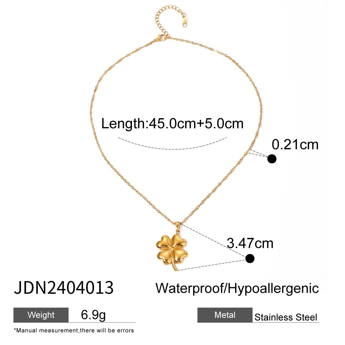 Waterproof Gold Four Leaf Clover Necklace Stainless Steel Twisted Chain 17.7"+2"