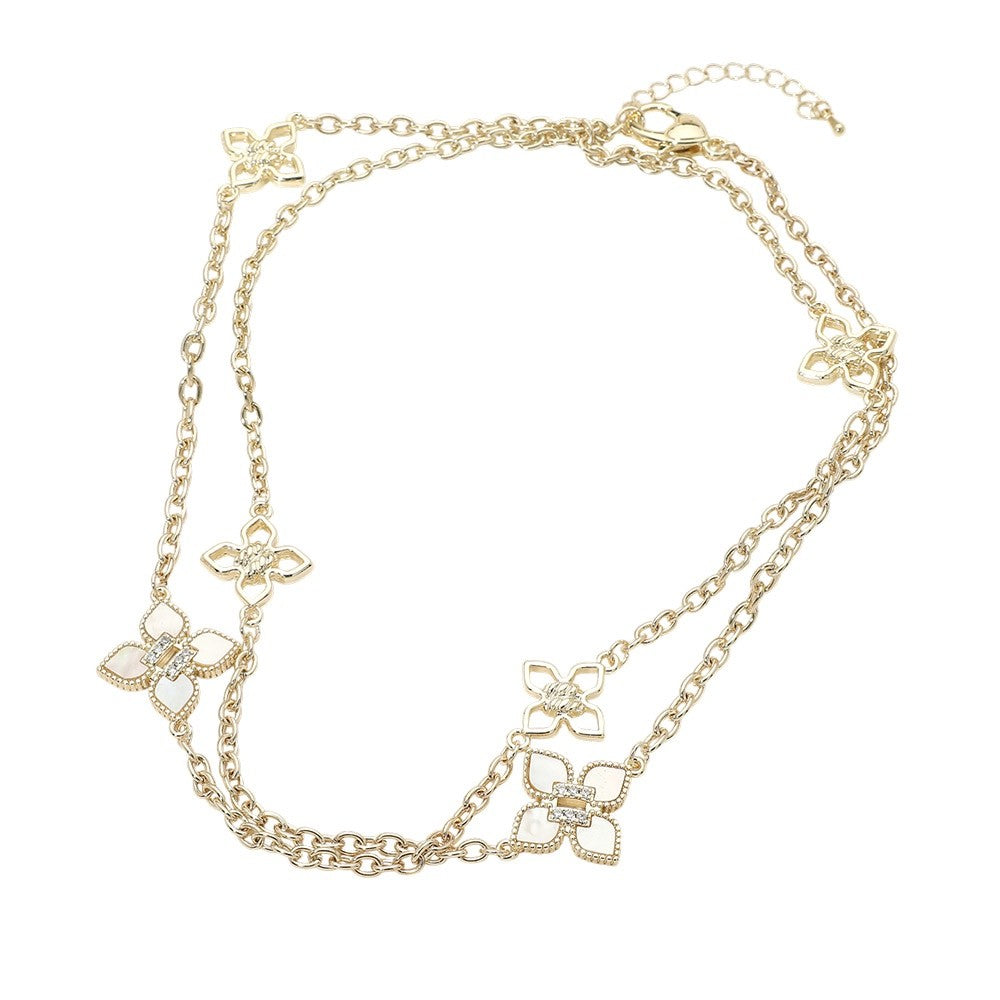 Gold Layered Clover Station Necklace Mother of Pearl Rhinestone 36" + 2"