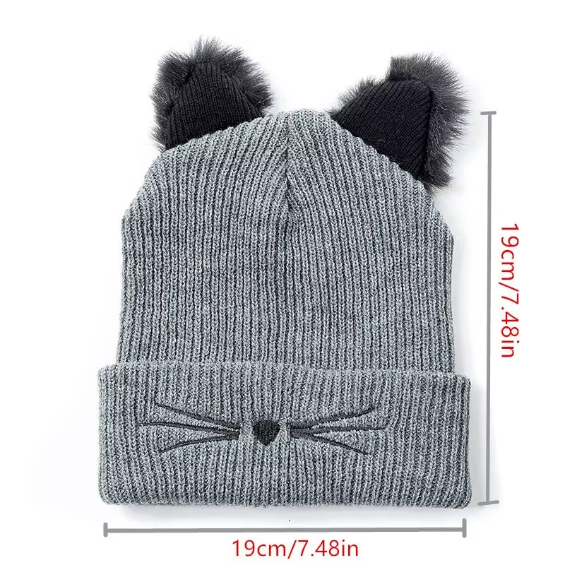 Black Cat Ear Beanie Hat for Women Funny Feline Print Warm Winter Knit Cap