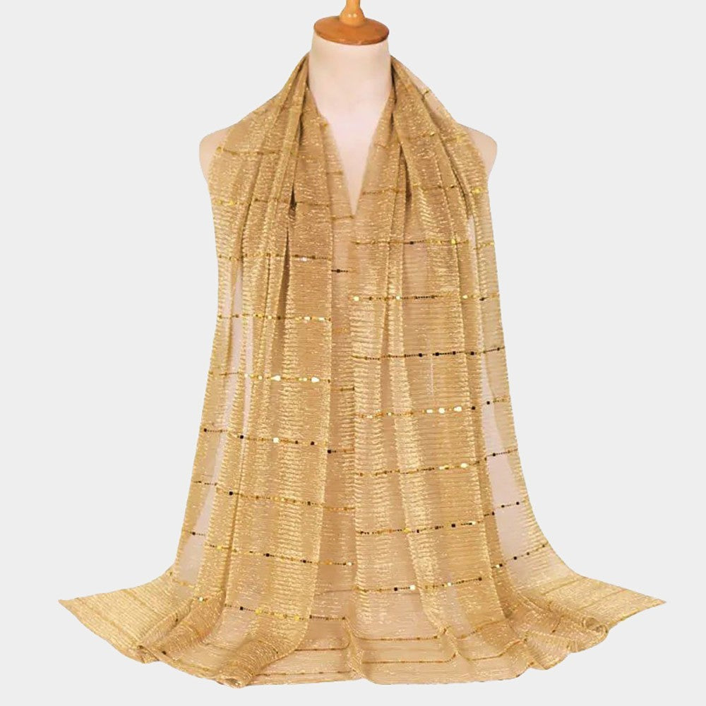 Sheer Sequin Stripe Plaid Sparkling Metallic Line Lightweight Muslim Scarf Gold