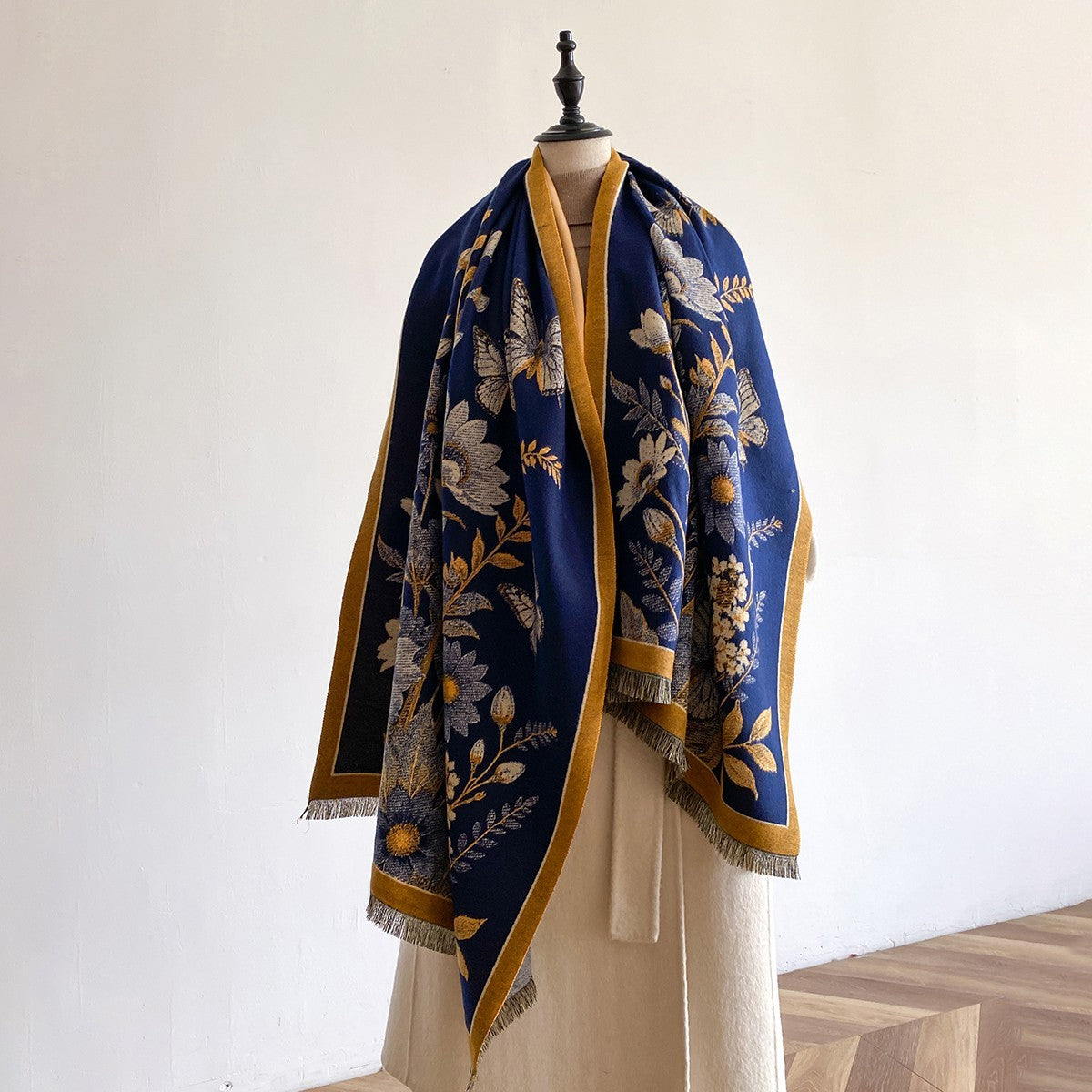 Navy Blue Floral Butterfly Oversized Shawl Scarf Wrap Cashmere Feel 73in