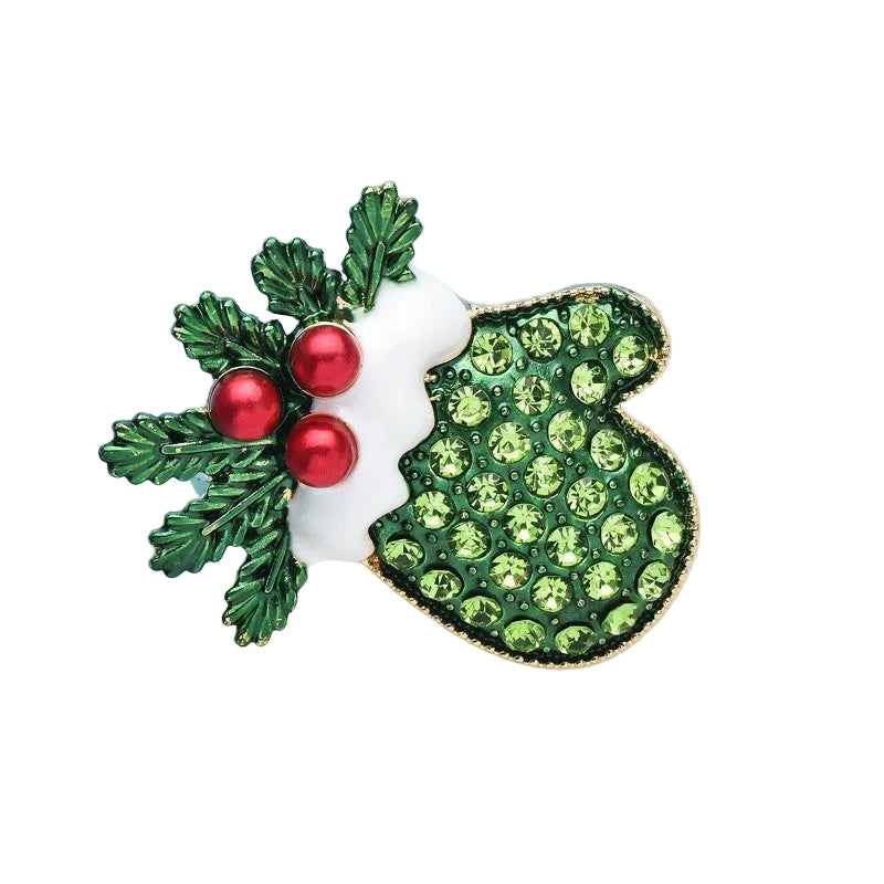 Rhinestone Christmas Mitten Brooch Pin Enamel Green Red Gold Tone Holiday Jewelr
