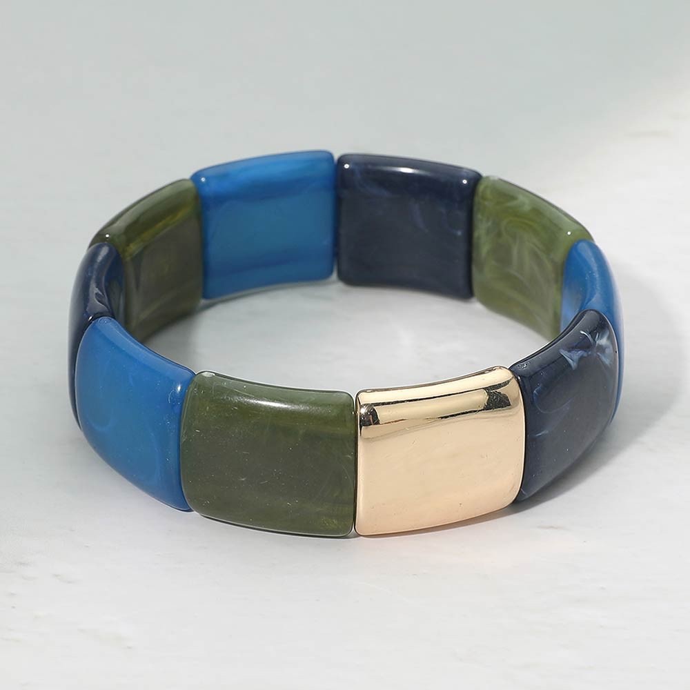 2pc Gold Navy Blue Olive Green Resin Square Tile Chunky Statement Stretch Bracel
