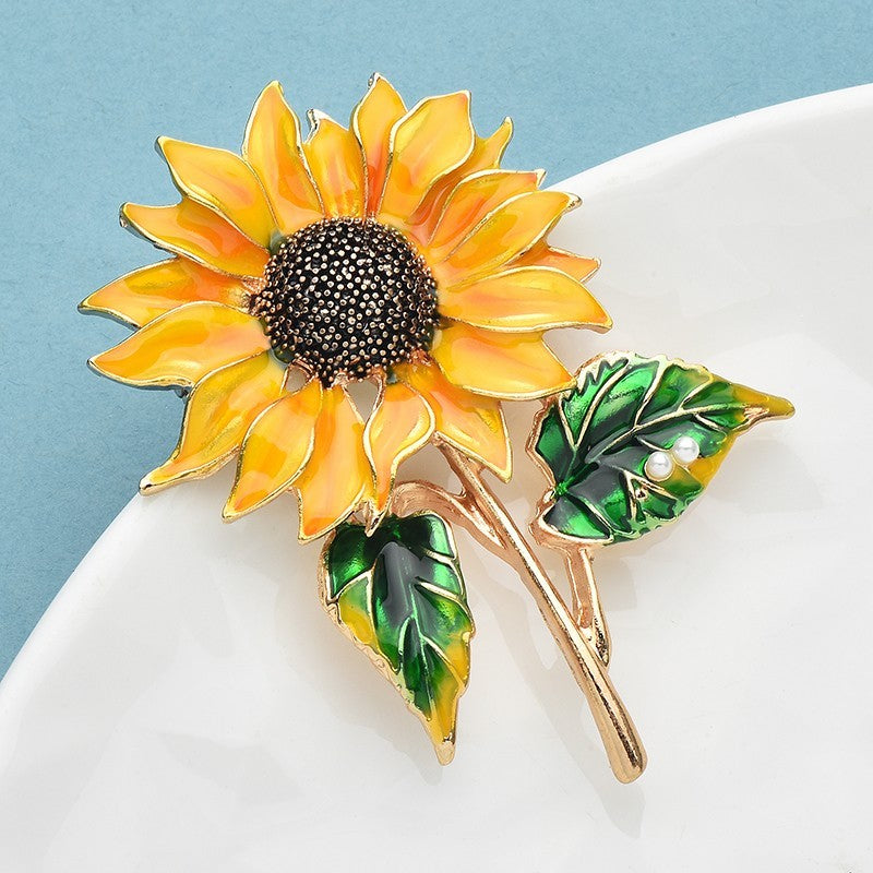 Vintage Style Enamel Sunflower Brooch Pin Gold Tone Faux Pearl Jewelry Gift