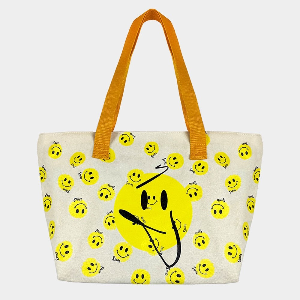 Large Smiley Face Canvas Tote Bag with Yellow Contrast Handles - Fun Daily Carry