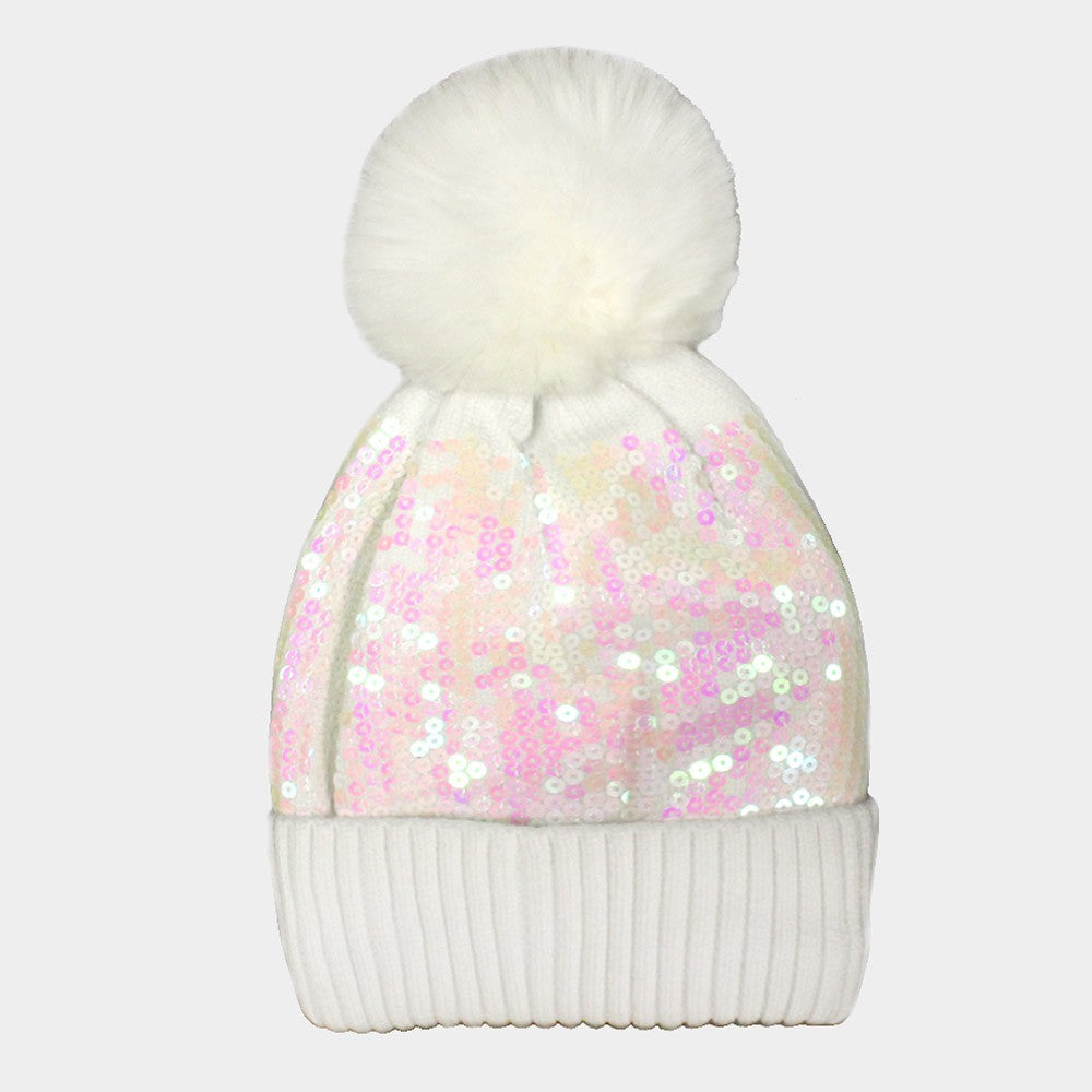 Iridescent Sequin Embellished Pom Pom Beanie Winter Hat for Women White & Pink