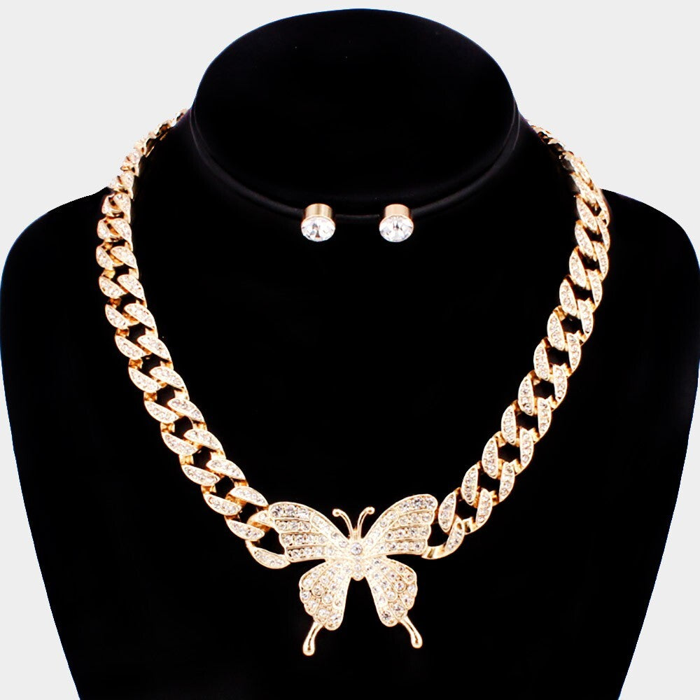 Rhinestone Butterfly Pendant Necklace Sparkly Jewelry for Women and Girls