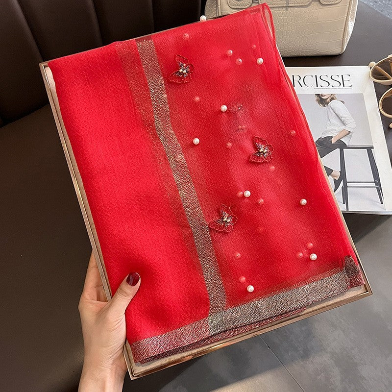 Red Butterfly Pearl Scarf Silk Wool Blend Sheer Wrap Shawl
