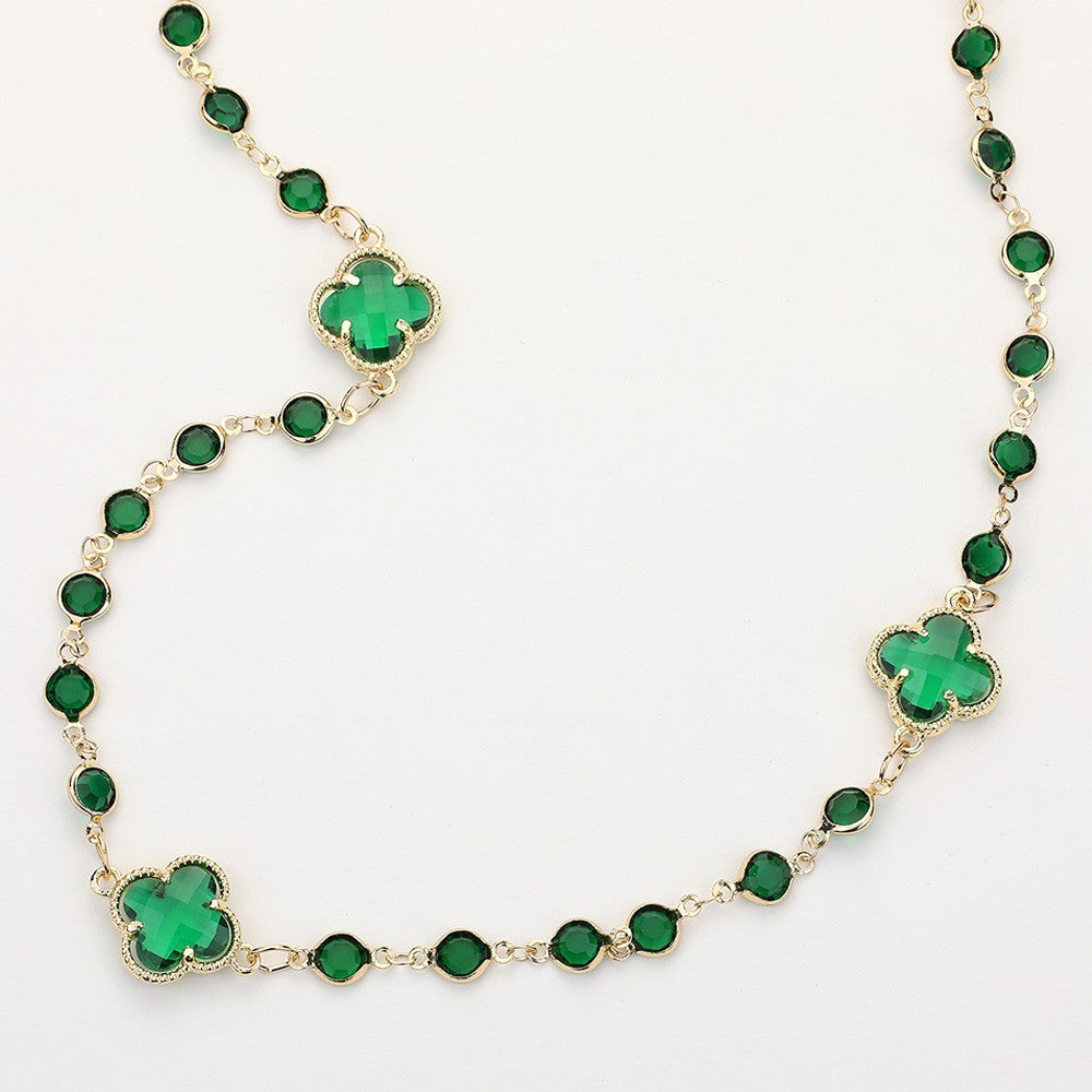 Gold Tone Long Clover Station Necklace Green Crystal Quatrefoil Designer Inspire