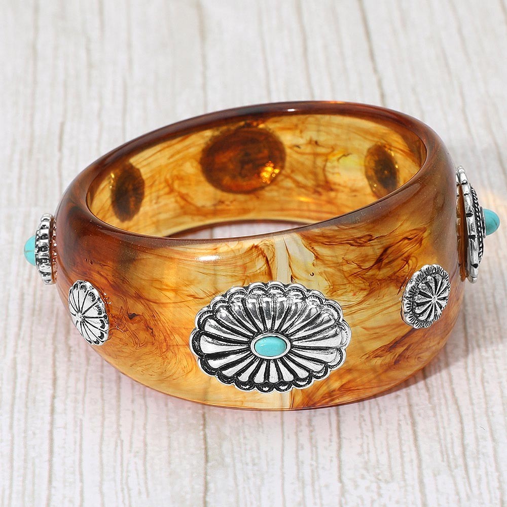 2pcs Resin Bangle Bracelets Amber Beige Faux Turquoise Silver Floral Southwester