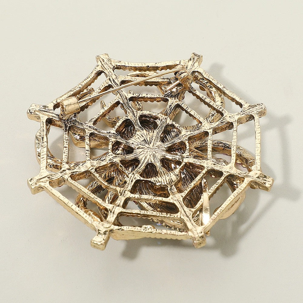 Vintage Gothic Rhinestone Spider Web Brooch Gold Tone Crystal Halloween Pin