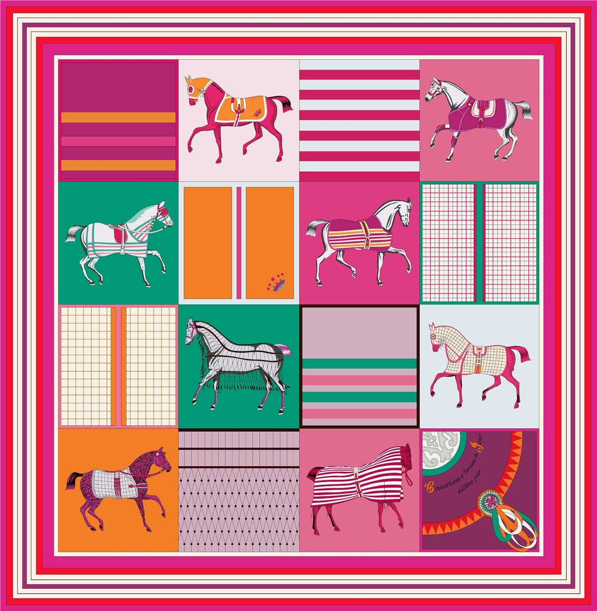 Equestrian Horse Print Scarf 90cm Pink Green Square Neck Head Wrap Bandana
