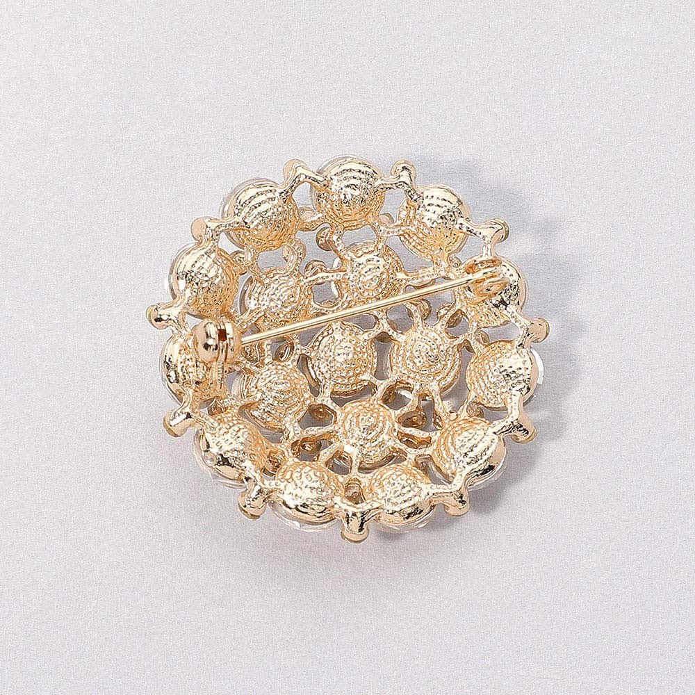 2pcs Pink and Green Rhinestone Round Flower Brooch Pin Gold Tone Jewelry Set