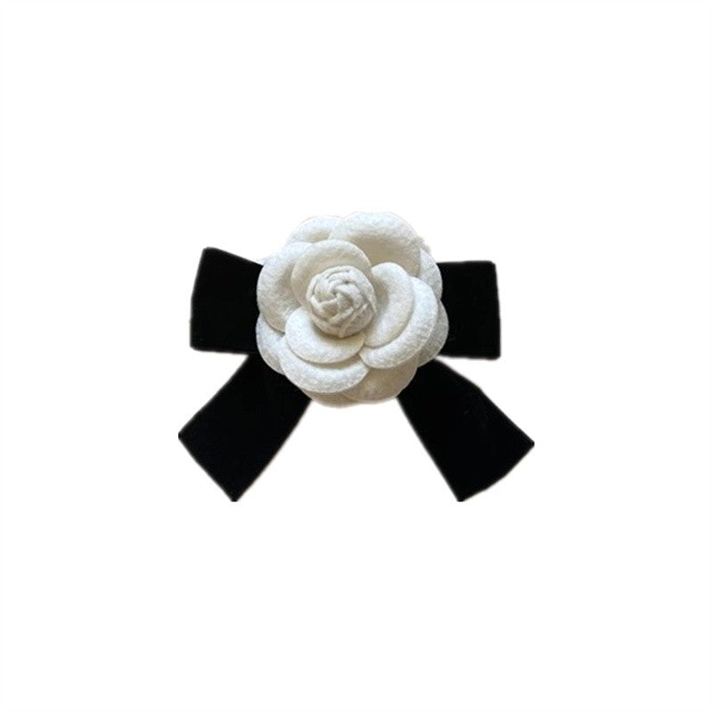White Camellia Flower Black Velvet Bow Brooch Pin Corsage