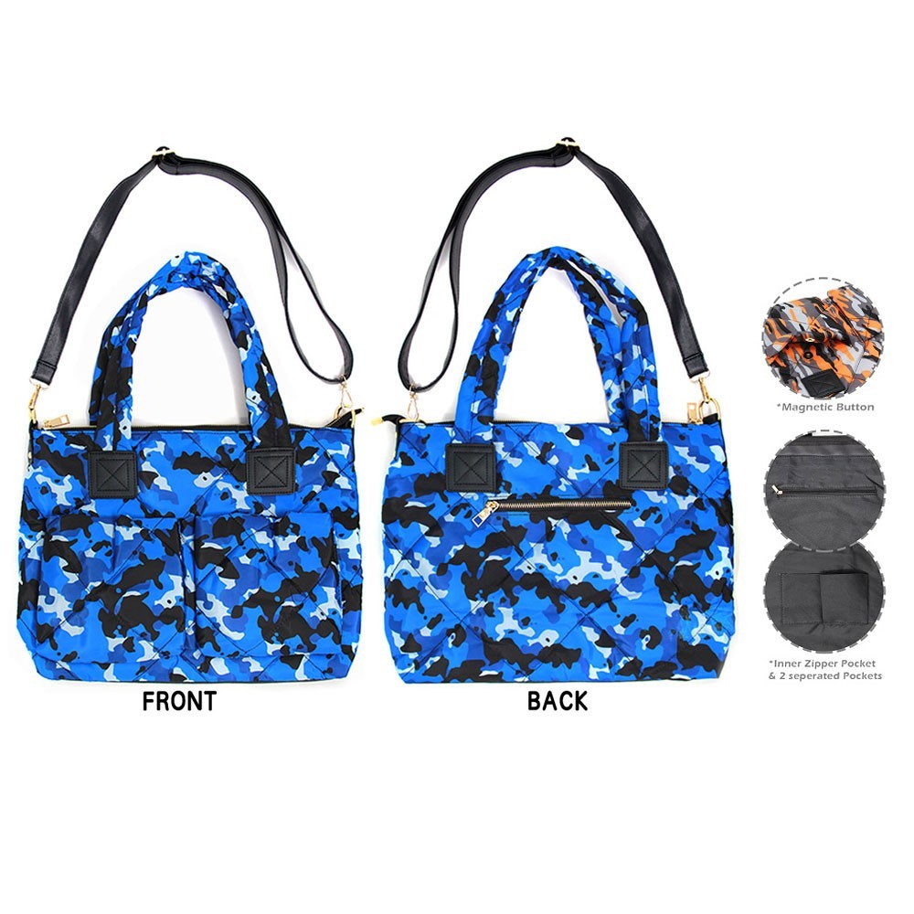 Camouflage Print Shoulder Bag in Blue with Magnetic Closures and Inner Pockets