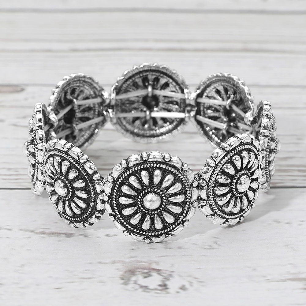 Boho Floral Medallion Stretch Bracelet Silver Western Statement Wristwear