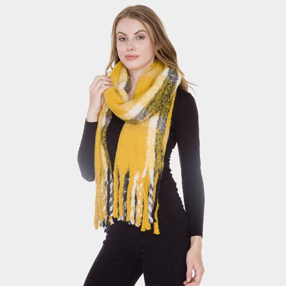 Super Soft Plaid Check Patterned Tassel Fringed Oblong Scarf for Women Yellow