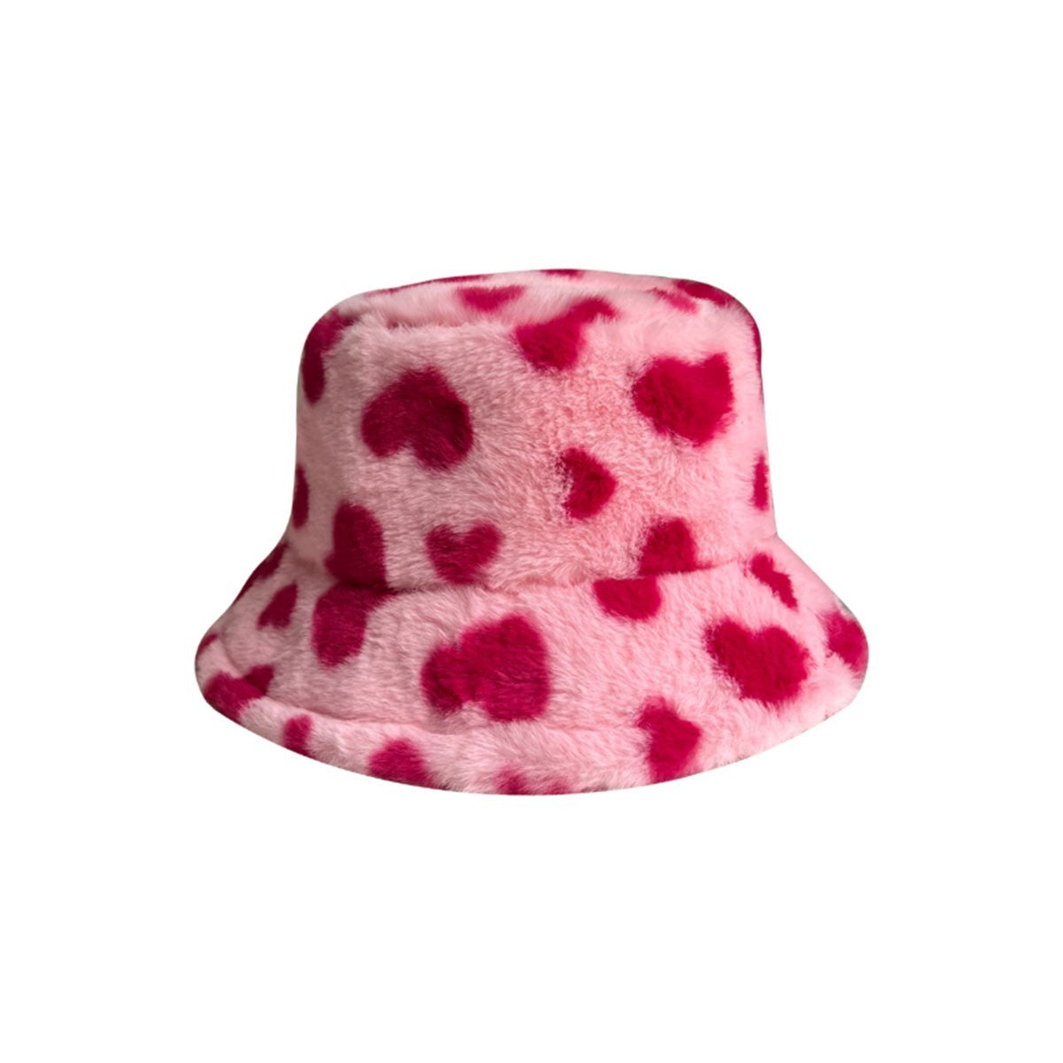Fluffy Pink Heart Print Faux Fur Bucket Hat Winter Cap Y2K Aesthetic