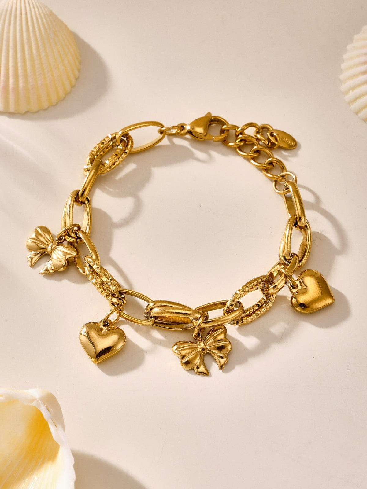 Gold Tone Heart & Bow Charm Bracelet Chunky Mixed Link Stainless Steel
