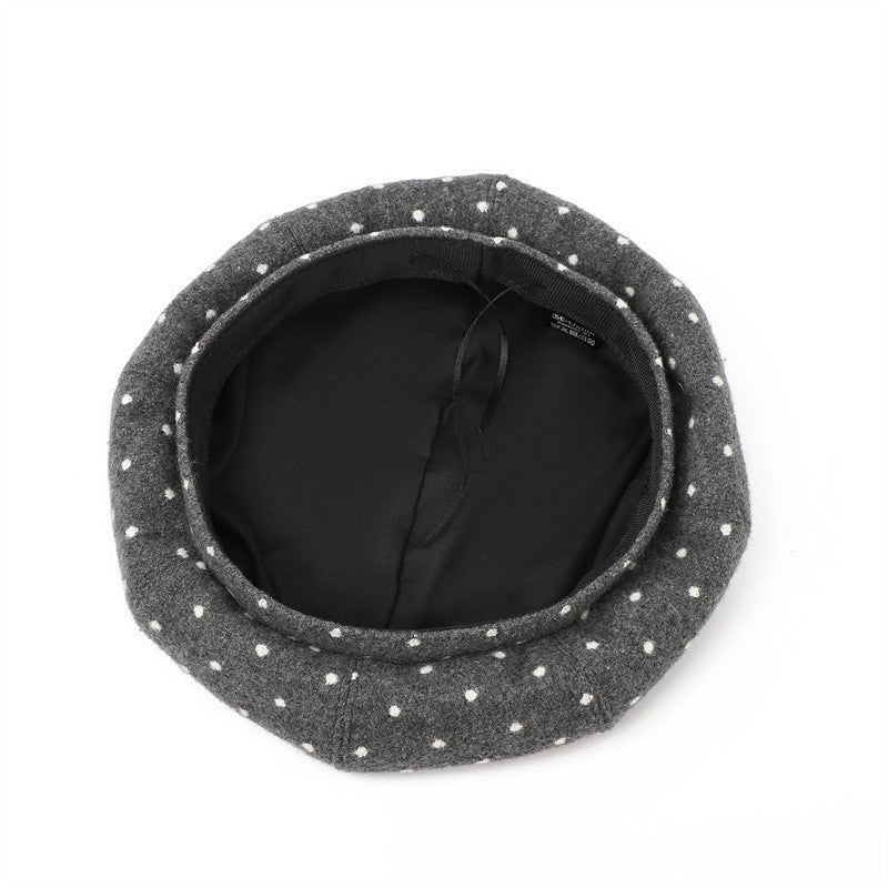 Grey Polka Dot Beret Hat Women's Slouch Cap 9.8 in Parisian Style