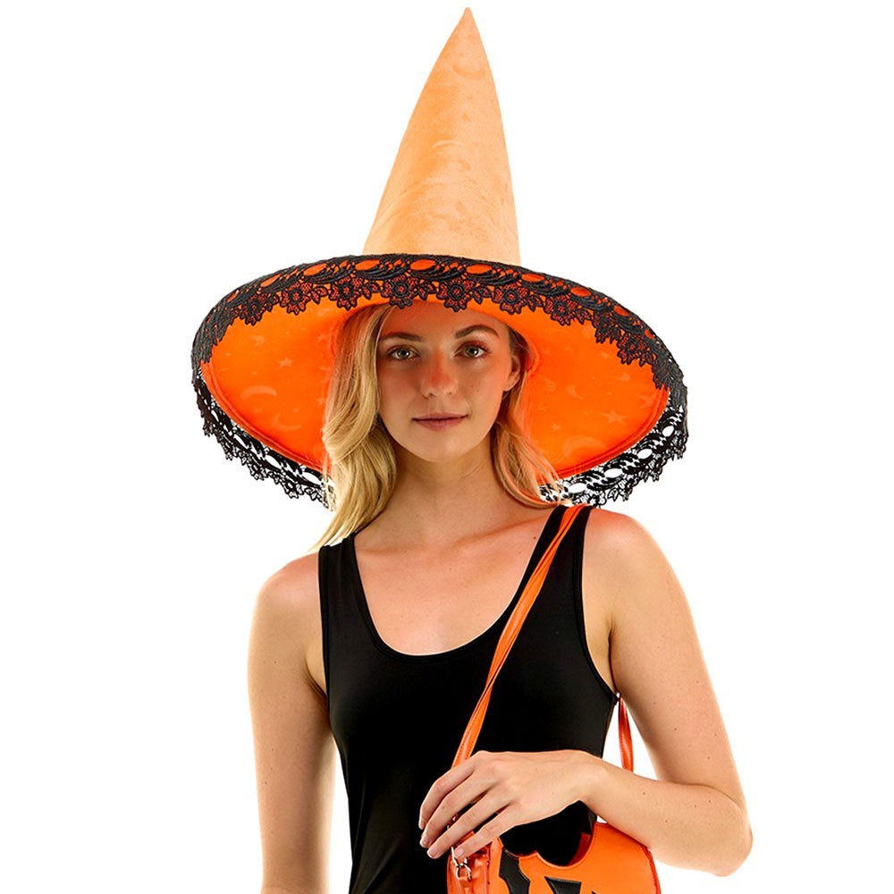 Bright Orange Witch Hat Black Lace Ribbon Wide Brim Halloween Costume Accessory