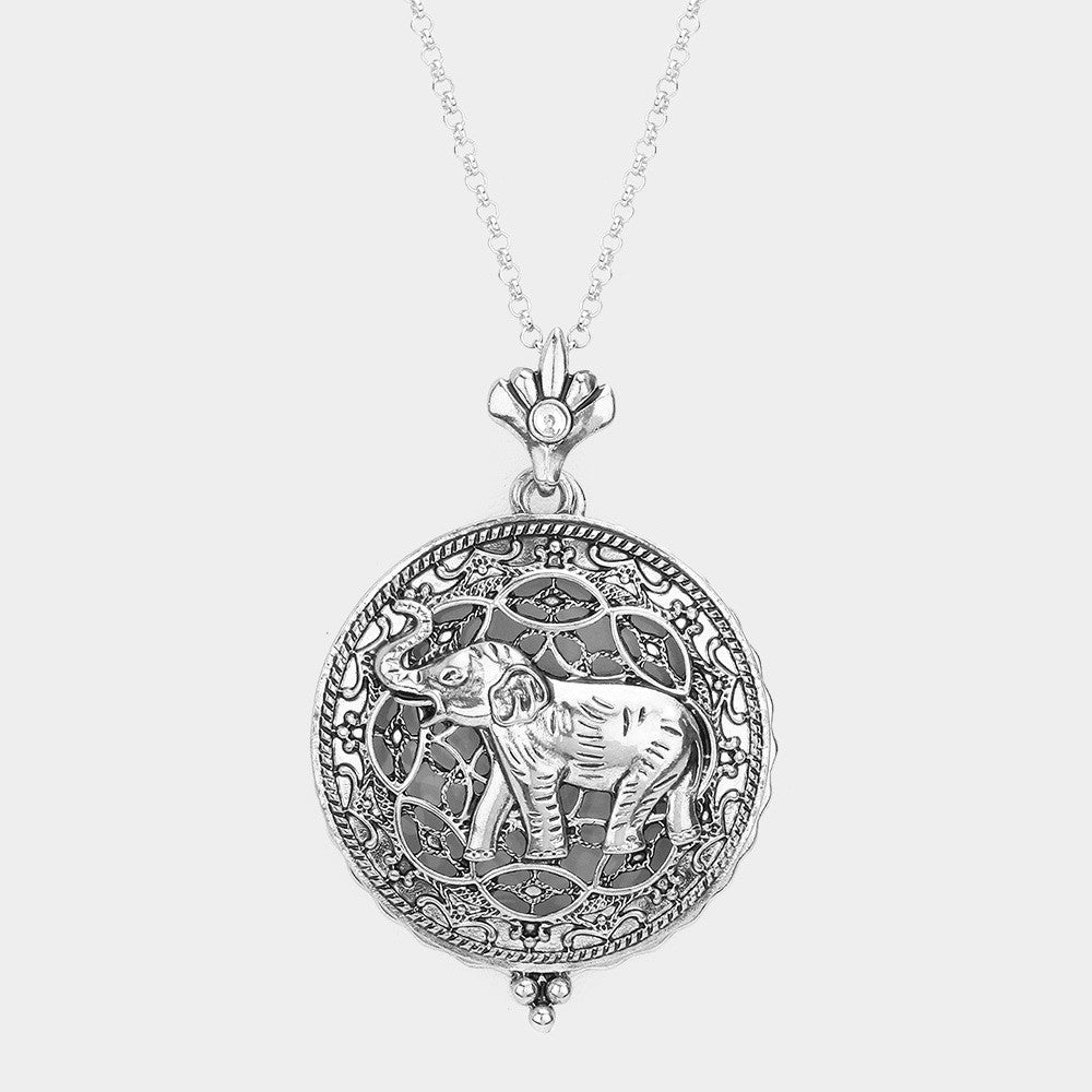 Silver Elephant Magnifying Glass Pendant Long Necklace Vintage Style Jewelry