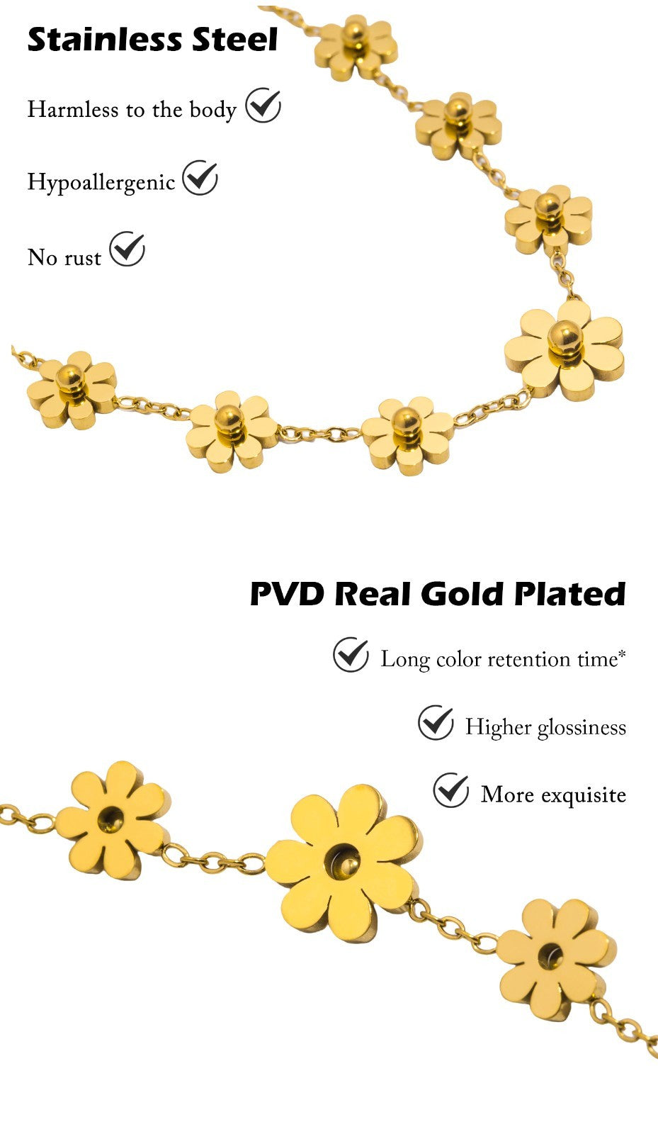 Gold Plated Stainless Steel Flower Necklace for Women Dainty Floral Jewelry