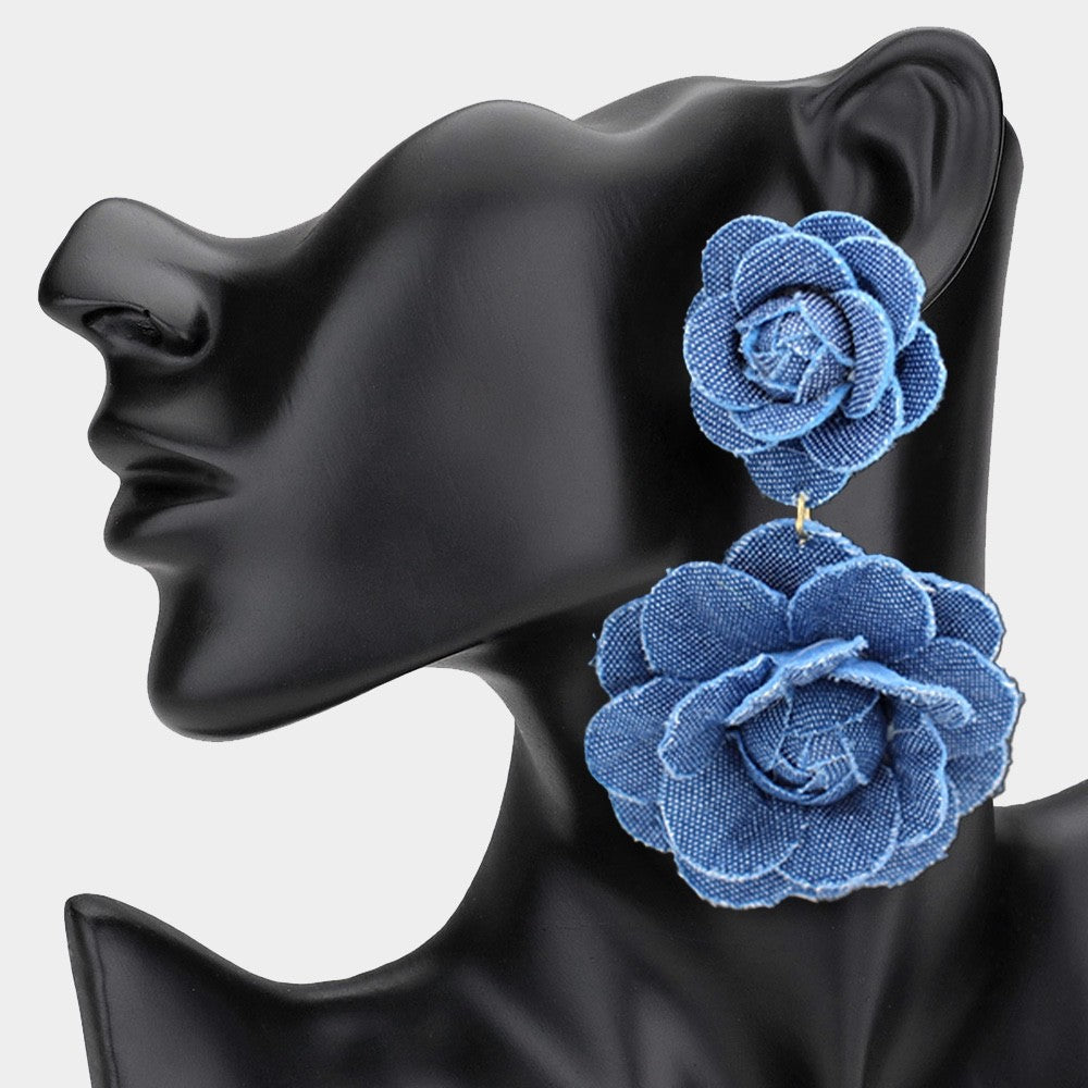 Blue Denim Fabric Double Rose Flower Drop Earrings Boho Chic Floral Jewelry