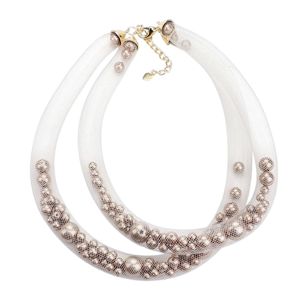 Double Mesh Tube Double Layered Pearl Collar Necklace & Earrings Set for Women