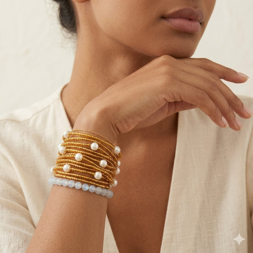 12pc Pearl Seed Bead Stretch Bracelet Set Multi Layer Stackable Boho Elegant Jew