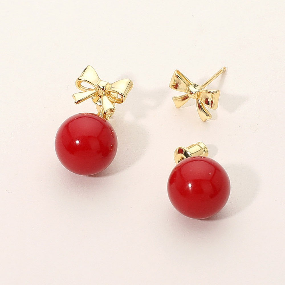 14K Gold Dipped Red Ball Drop Bow Stud Earrings Christmas Party
