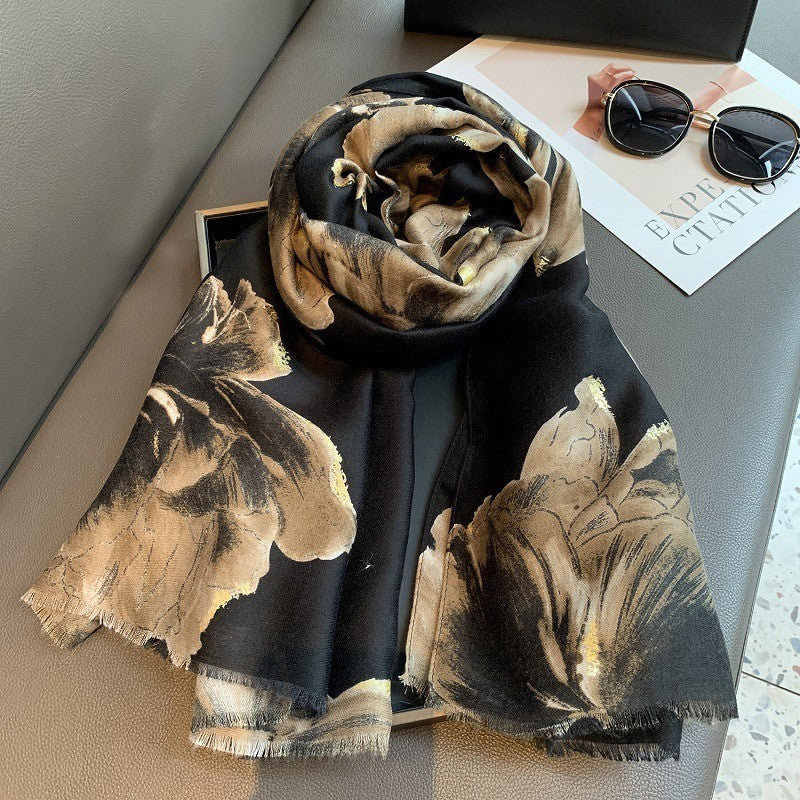 Black Gold Floral Scarf Oversized Cotton Viscose Shawl Wrap Large Flower Pashmin