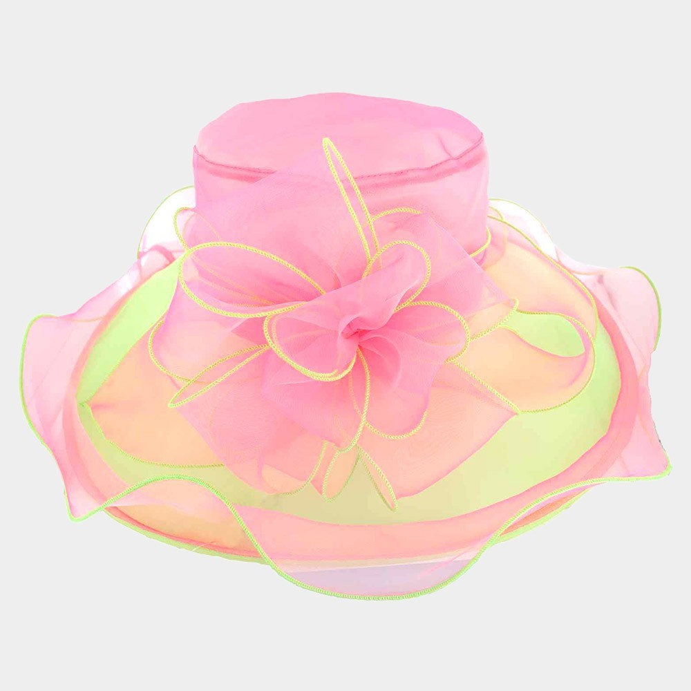Women's Mesh Flower Bow Organza Dressy Wide Brim Double Layer Hat Pink & Green